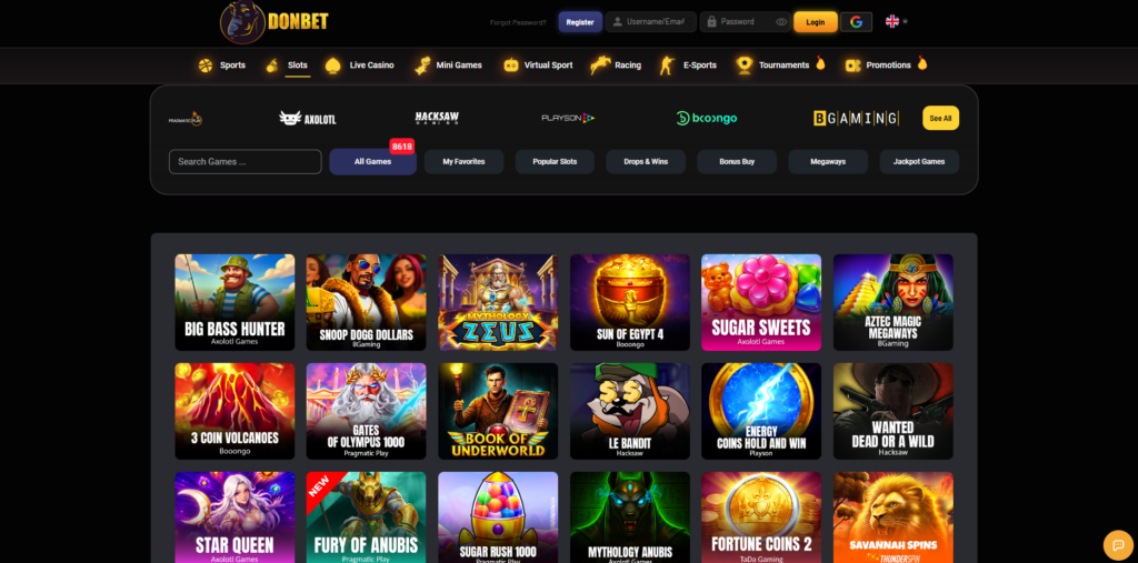 DonBet casino and sportsbook lobby showing game categories and navigation