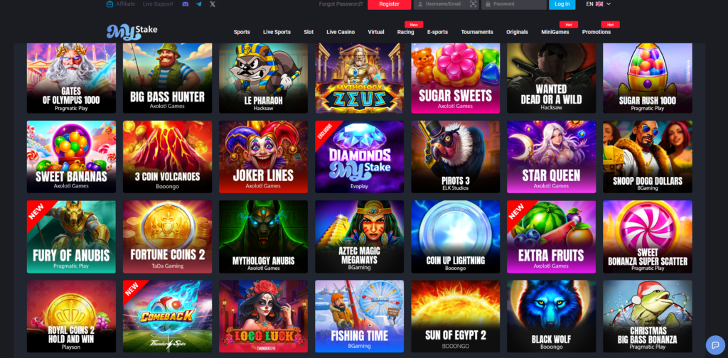 MyStake casino lobby showing game categories, live dealer, and sportsbook navigation
