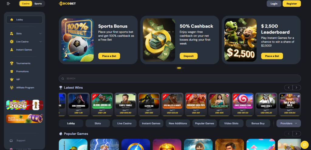 CocoBet casino interface showing lobby and game selection