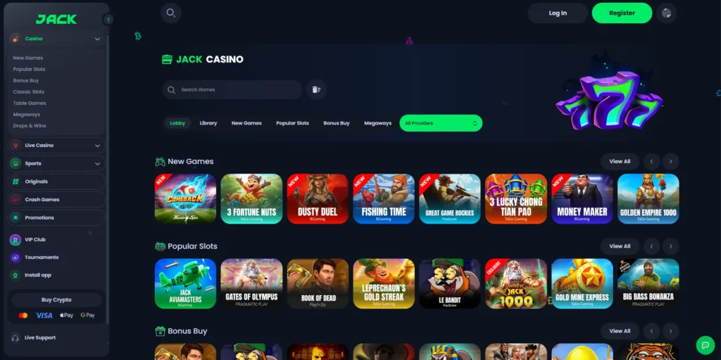 JACK casino homepage screenshot showing lobby and navigation